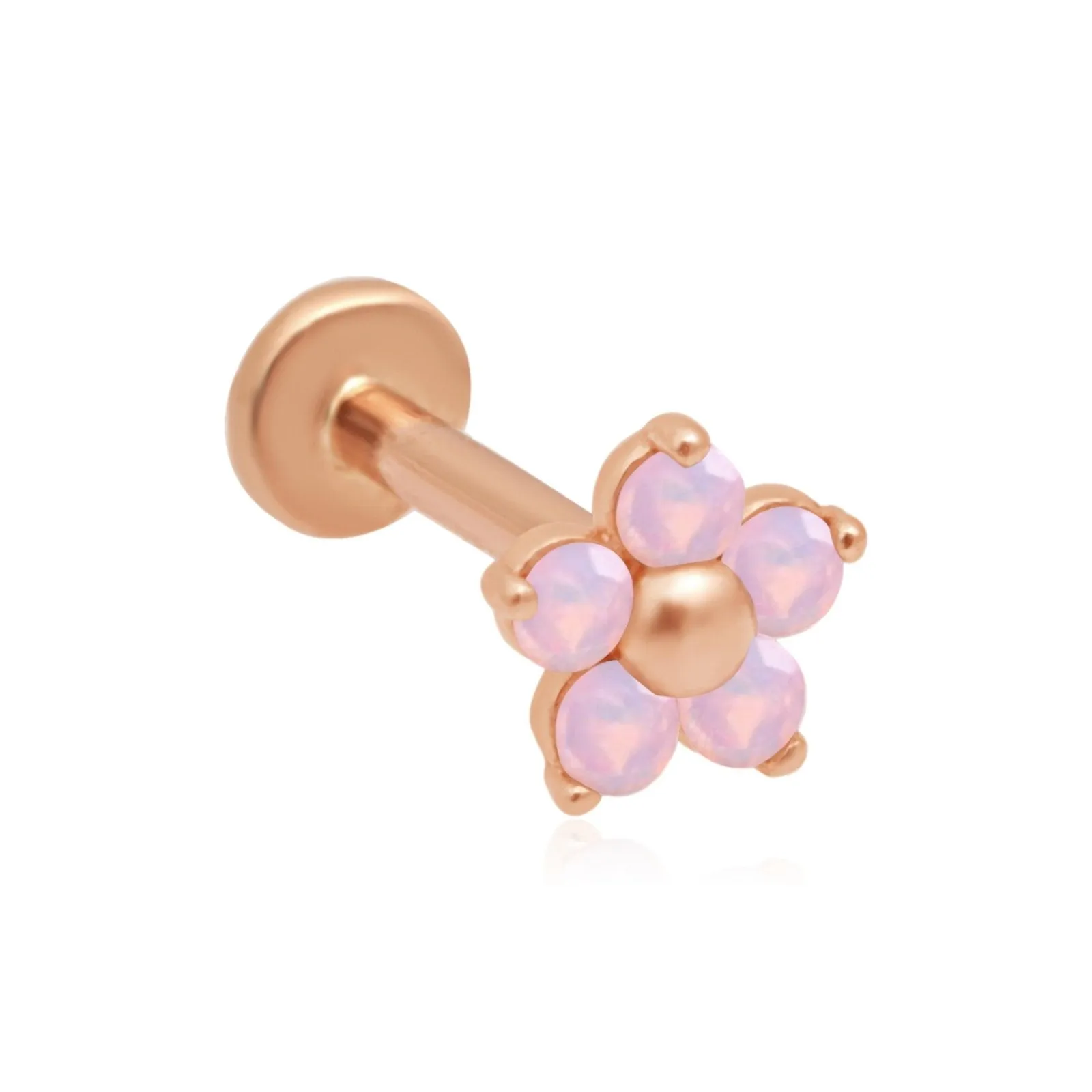 14k Gold Pink Opal Flower Tragus Helix Internally Threaded Flower Flat Back Earring Labret Stud