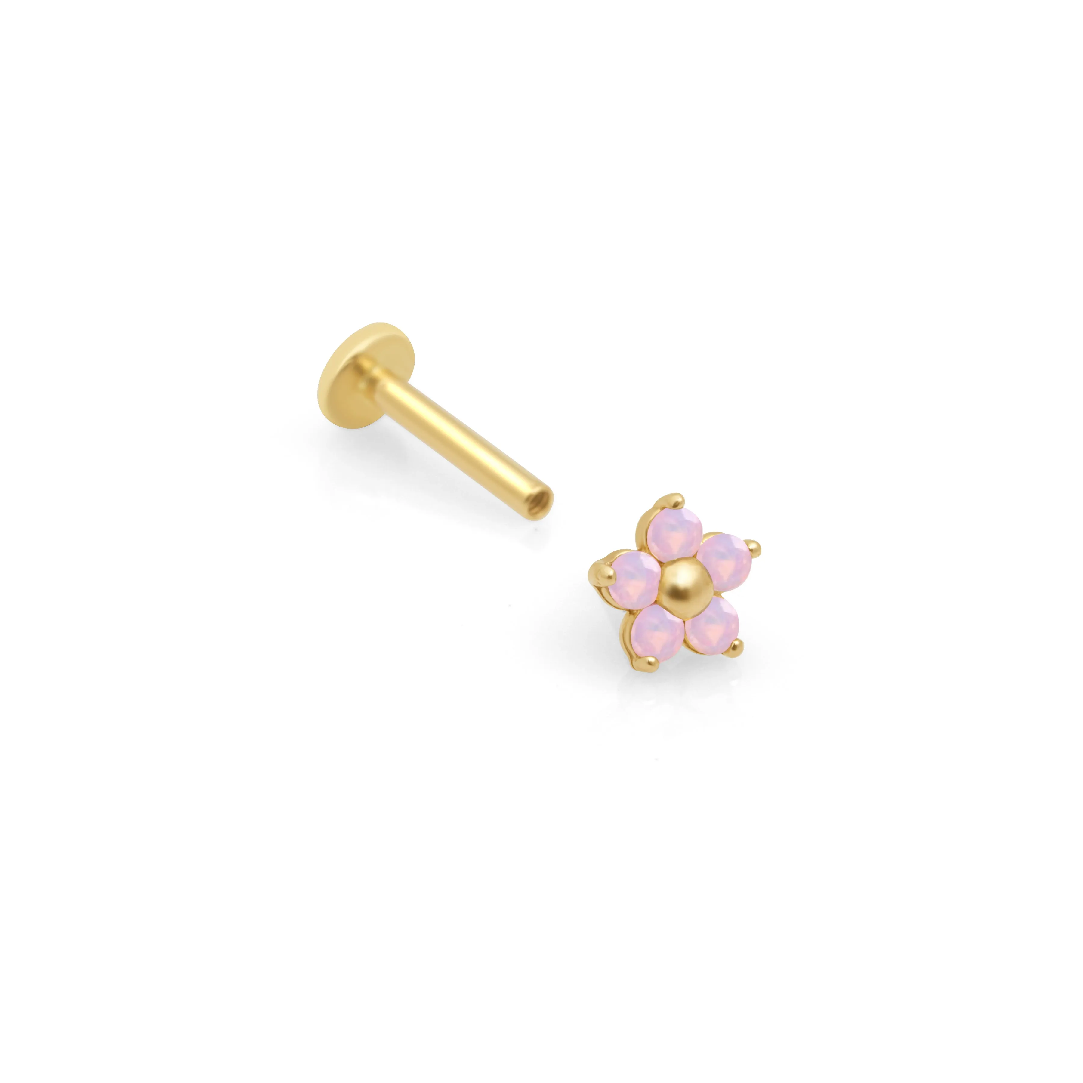 14k Gold Pink Opal Flower Tragus Helix Internally Threaded Flower Flat Back Earring Labret Stud