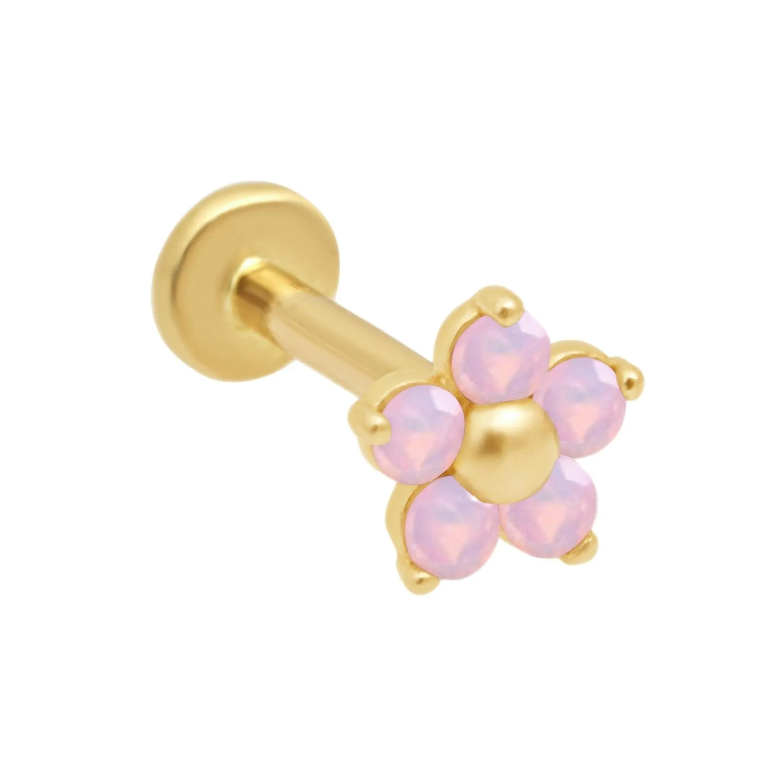 14k Gold Pink Opal Flower Tragus Helix Internally Threaded Flower Flat Back Earring Labret Stud