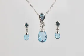 18" 14k White Gold Necklace and Earrings Set with 0.09tcw Diamonds and 4.65tcw Blue Topaz (4.55g.)