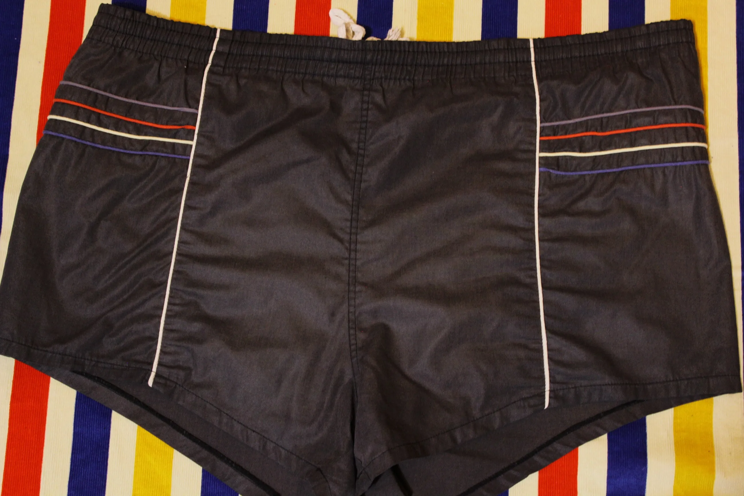 1980's Vintage Black Striped Swimming Shorts. Men's Large w/ Drawstring.