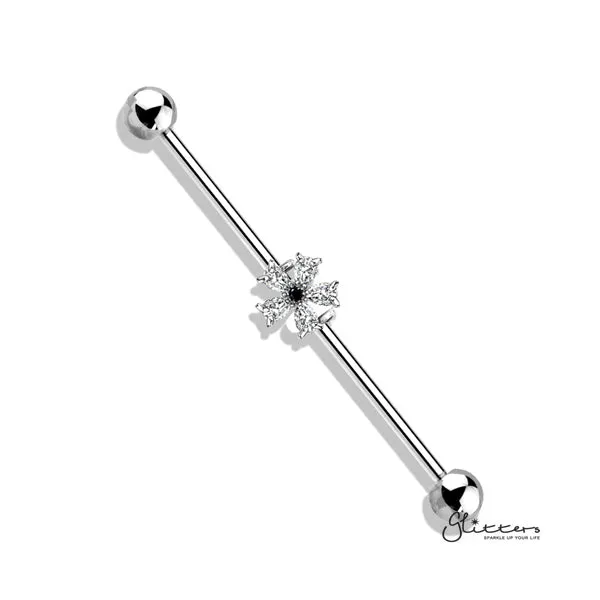 316L Surgical Steel Industrial Barbells with Black CZ Centered Five Pear CZ Flower