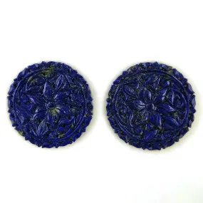 71.00cts Natural Untreated LAPIS LAZULI Gemstone Hand Carved Round Shape 40mm Pair For Earring