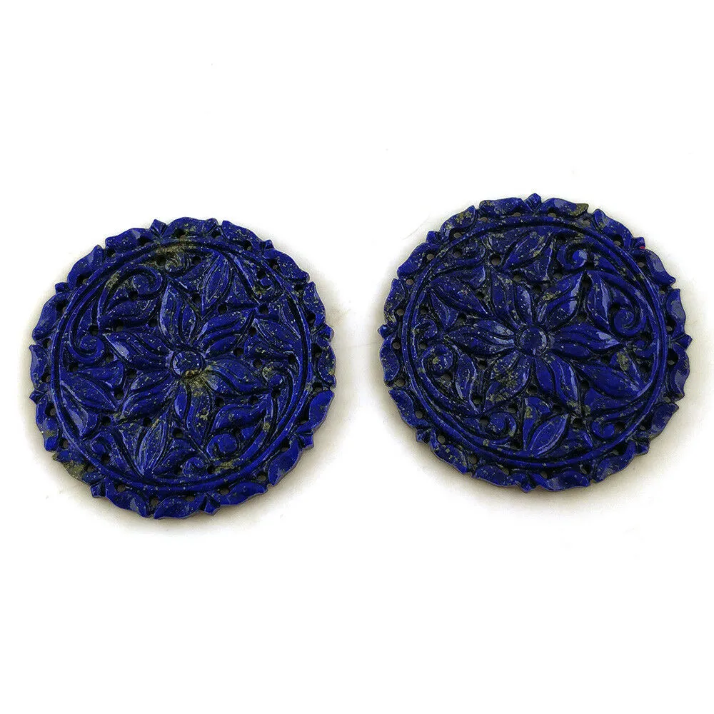 71.00cts Natural Untreated LAPIS LAZULI Gemstone Hand Carved Round Shape 40mm Pair For Earring