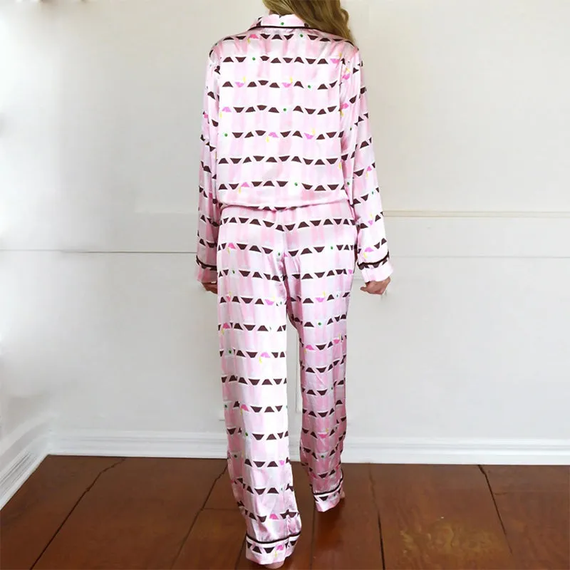 8 OAK LANE | Luxe Satin Ruffle Pant PJ Set - Pink Martini