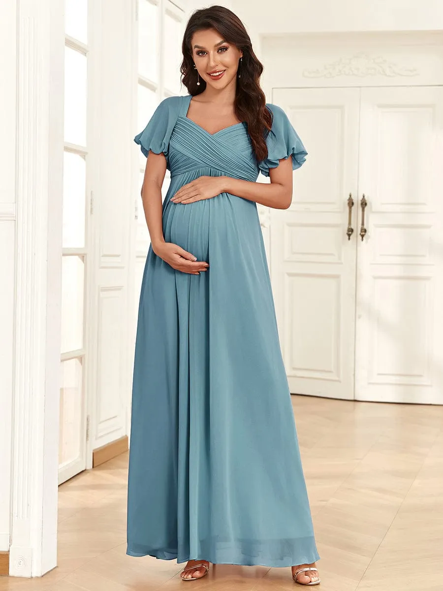 A Line Maternity Dress with Short Lantern Sleeves and Deep V Neck