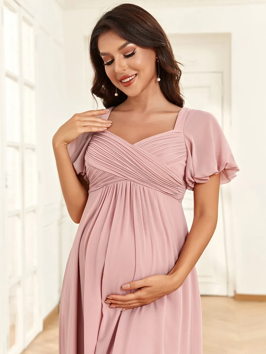 A Line Maternity Dress with Short Lantern Sleeves and Deep V Neck