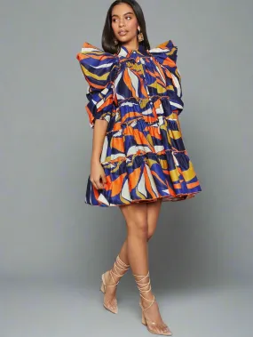 Abstract Colorblock Print Ruffle Dress