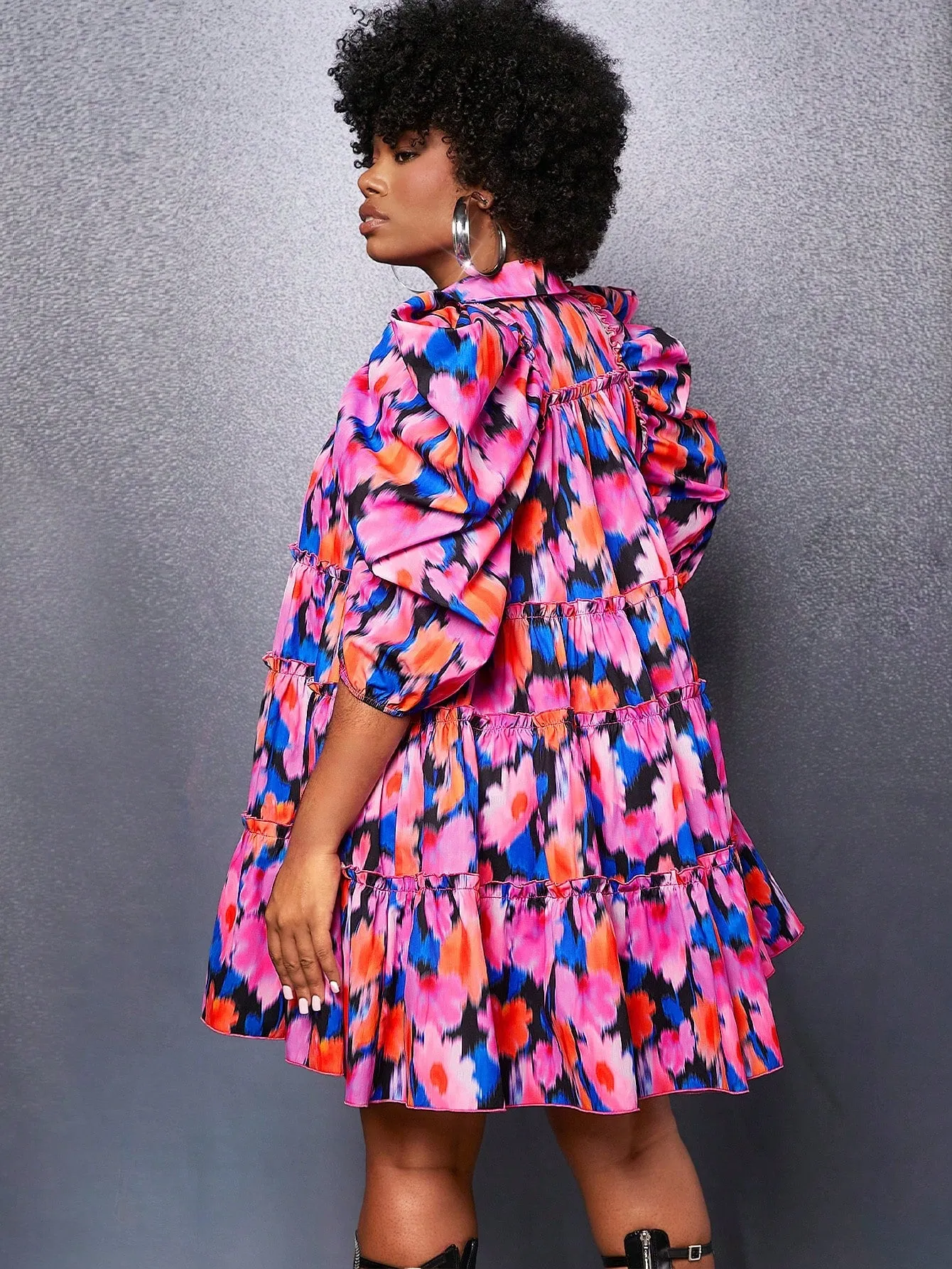 Abstract Colorblock Print Ruffle Dress