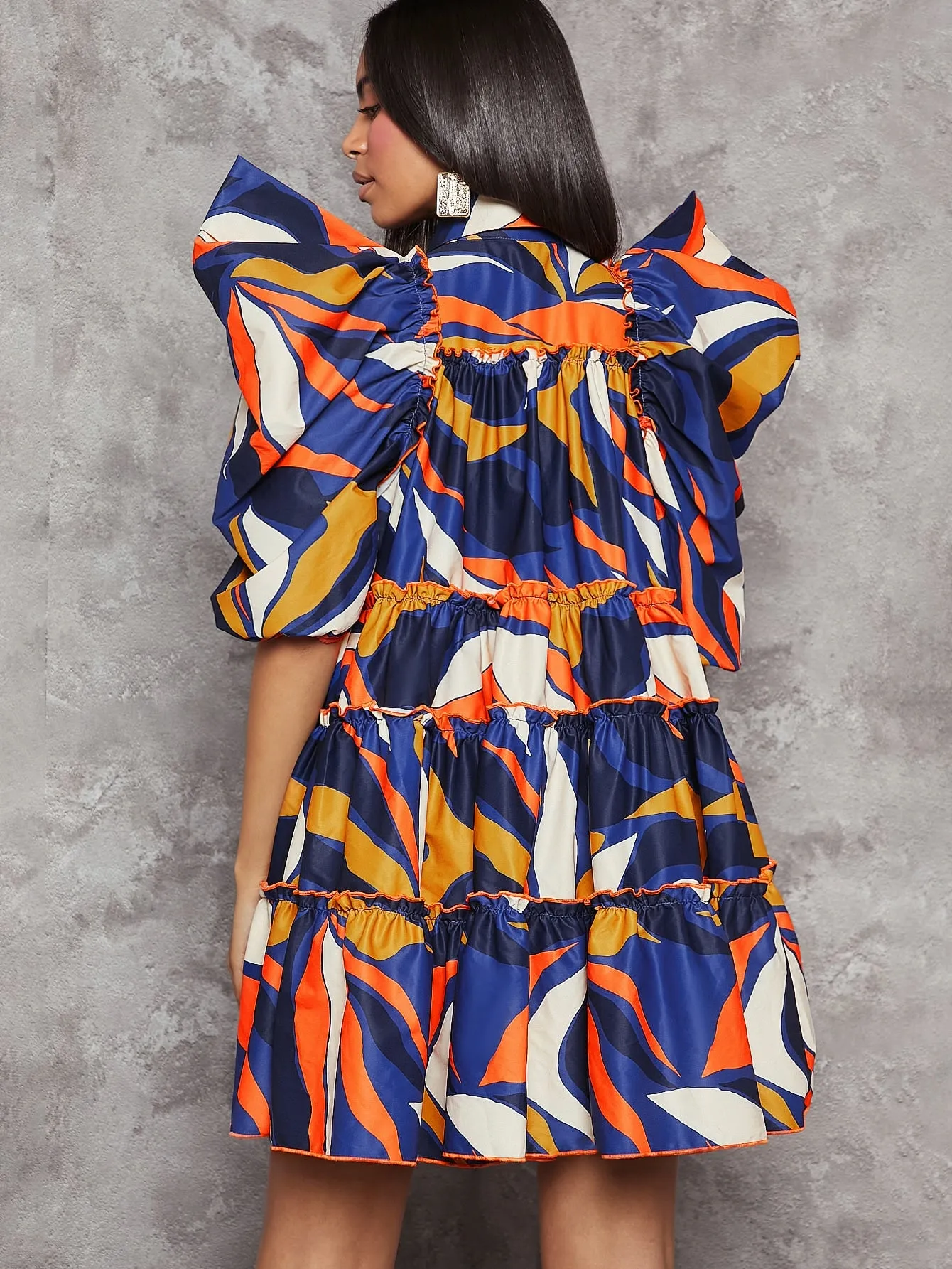 Abstract Colorblock Print Ruffle Dress