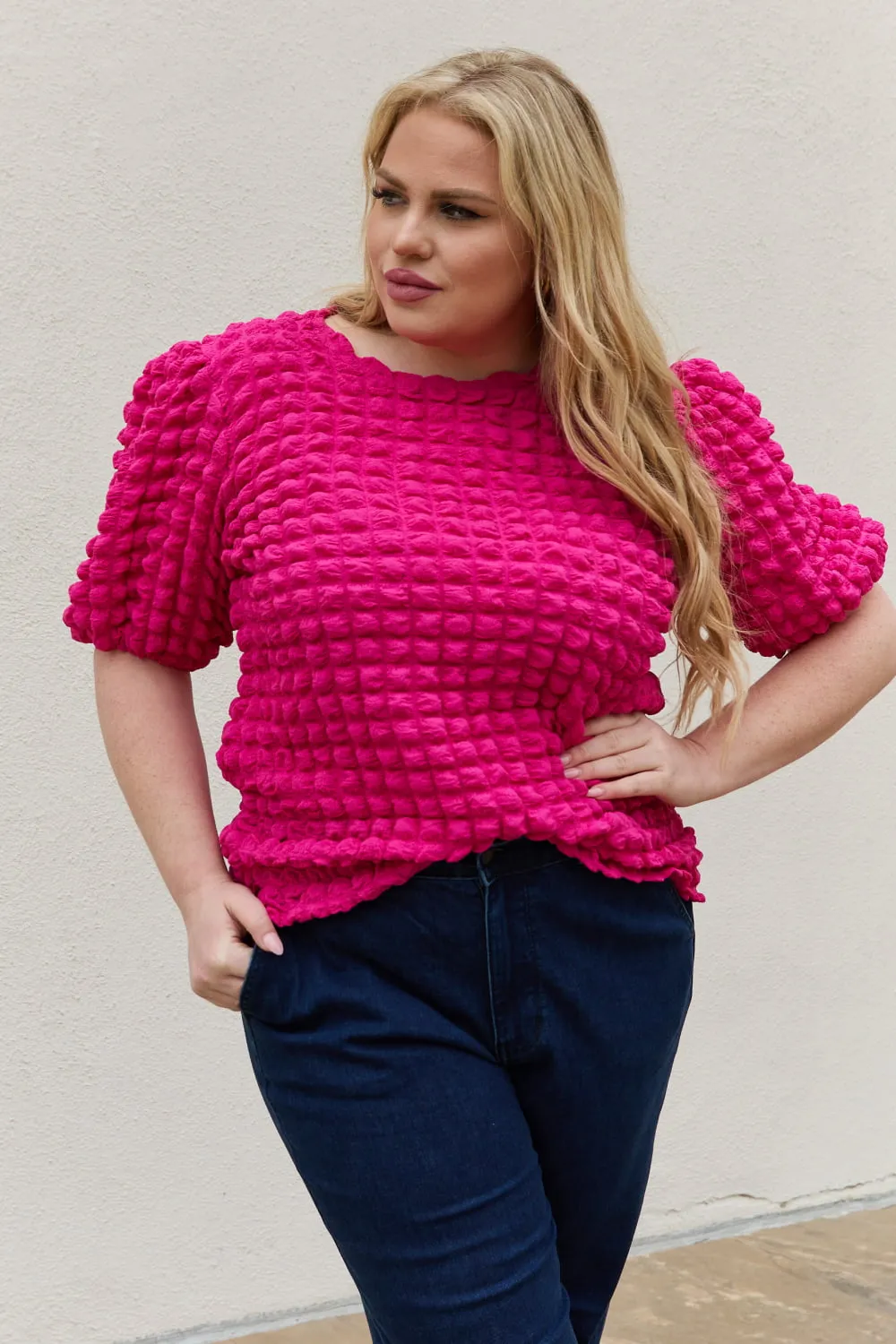 And The Why Full Size Bubble Textured Puff Sleeve Top (S-1XL)