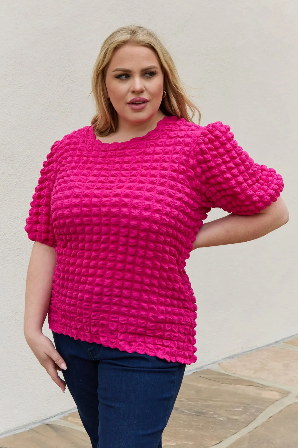 And The Why Full Size Bubble Textured Puff Sleeve Top (S-1XL)