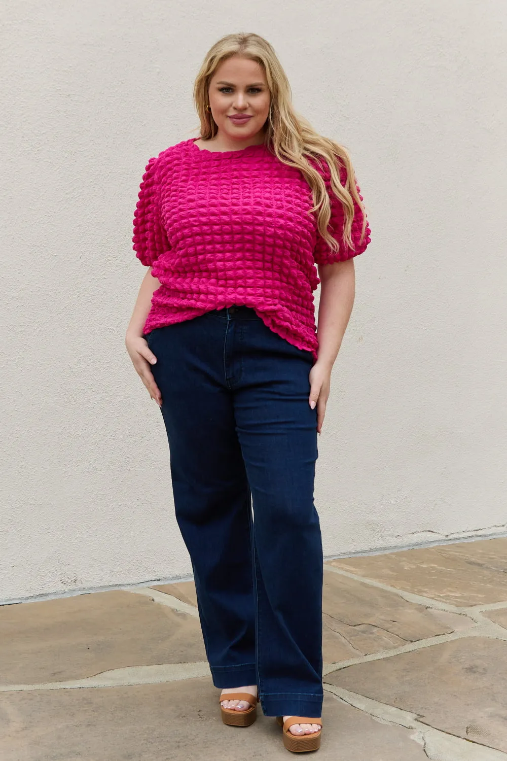 And The Why Full Size Bubble Textured Puff Sleeve Top (S-1XL)