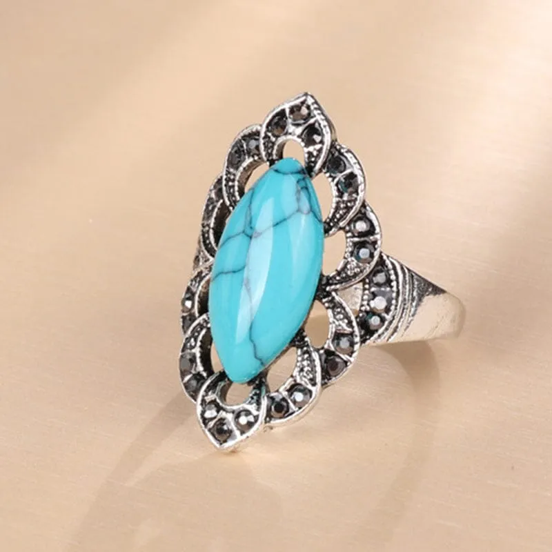 Big Vintage Flower Turquoise Stone Ring