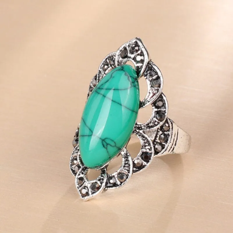 Big Vintage Flower Turquoise Stone Ring