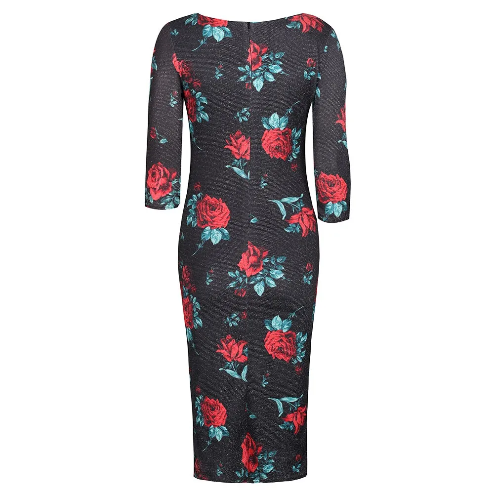 Black and Red Rose Print 1940s Sparkle Bodycon Pencil Wiggle Party Dress