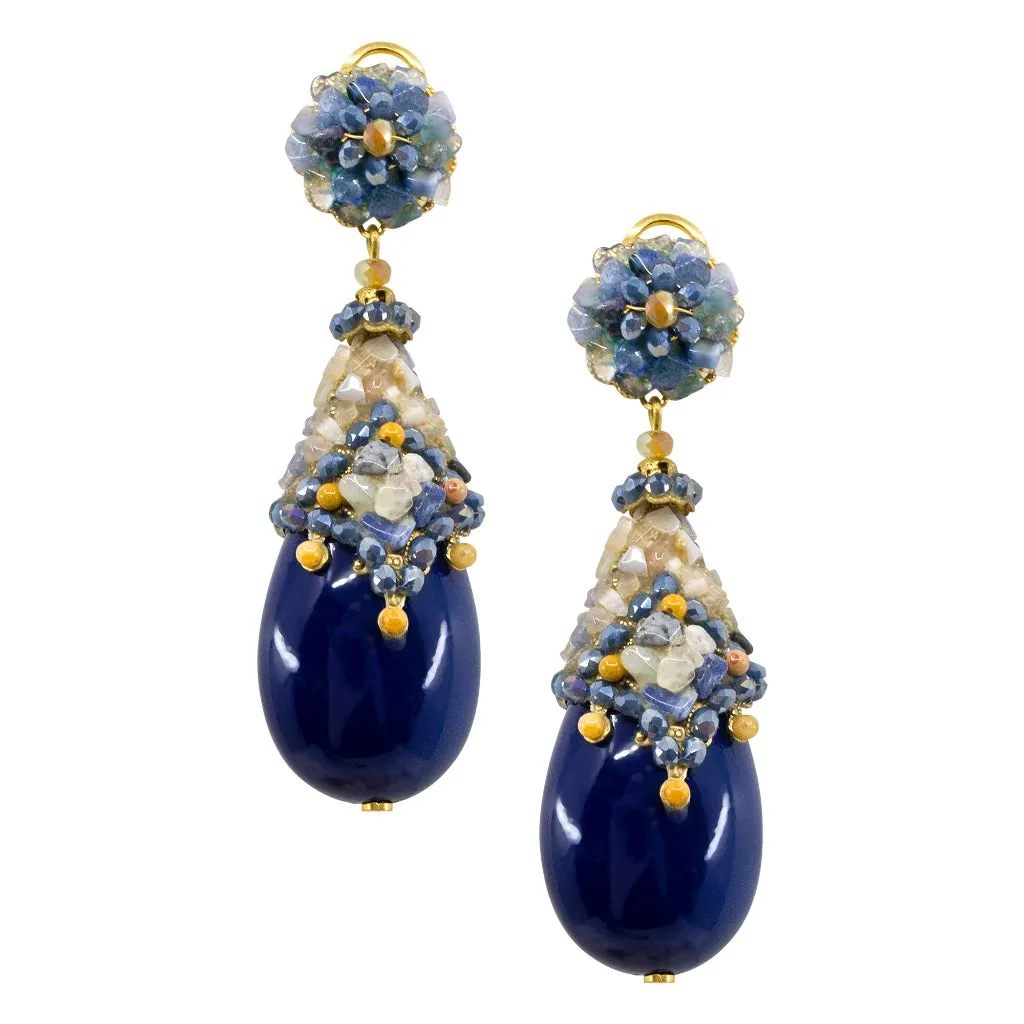 Blue Crystal Flower Drop Earrings by DUBLOS