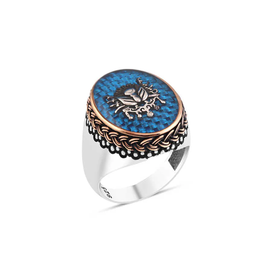 Blue Enameled Ottoman Coat of Arms on Carbon Ellipse Silver Men's Ring with Pointed and Braid Top Pattern