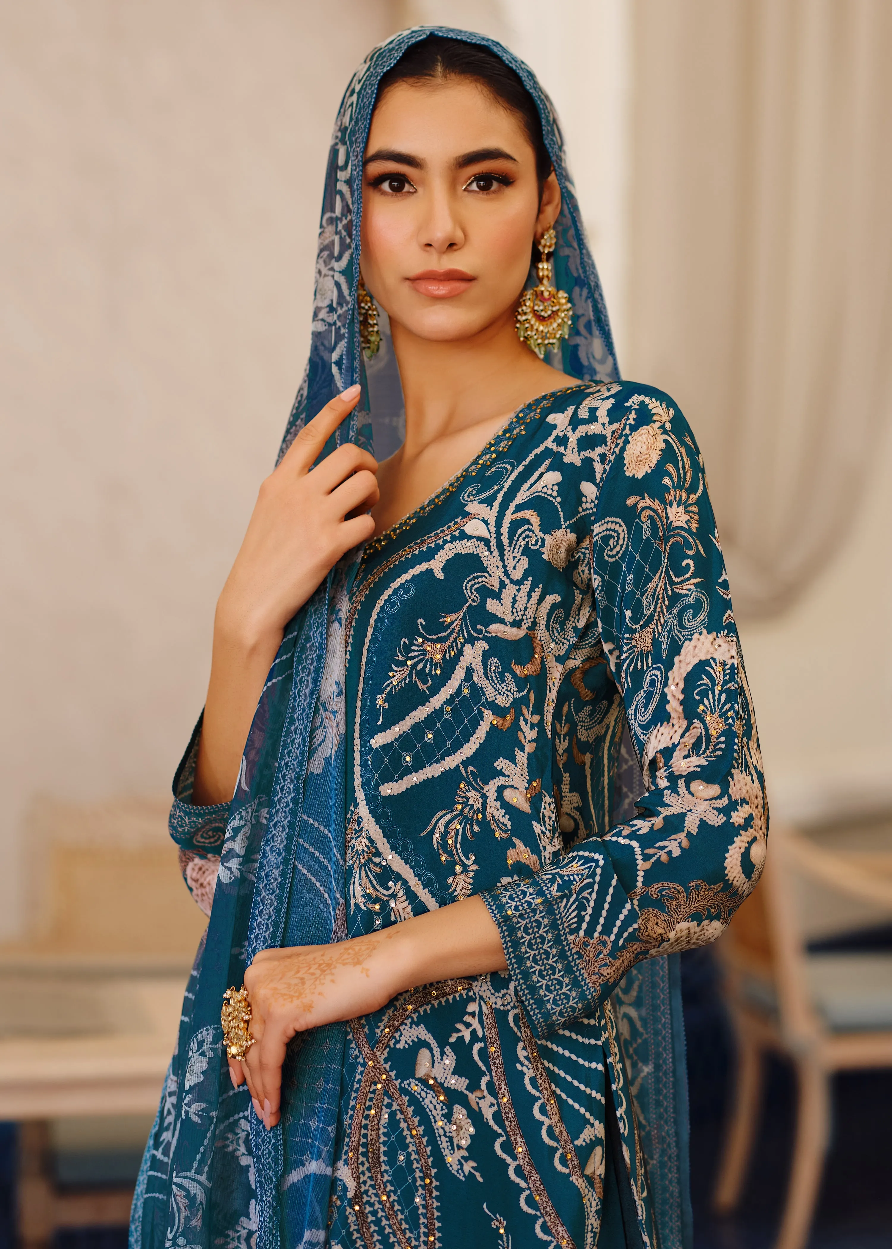 Blue Ethnic Printed Crepe Silk Palazzo Set