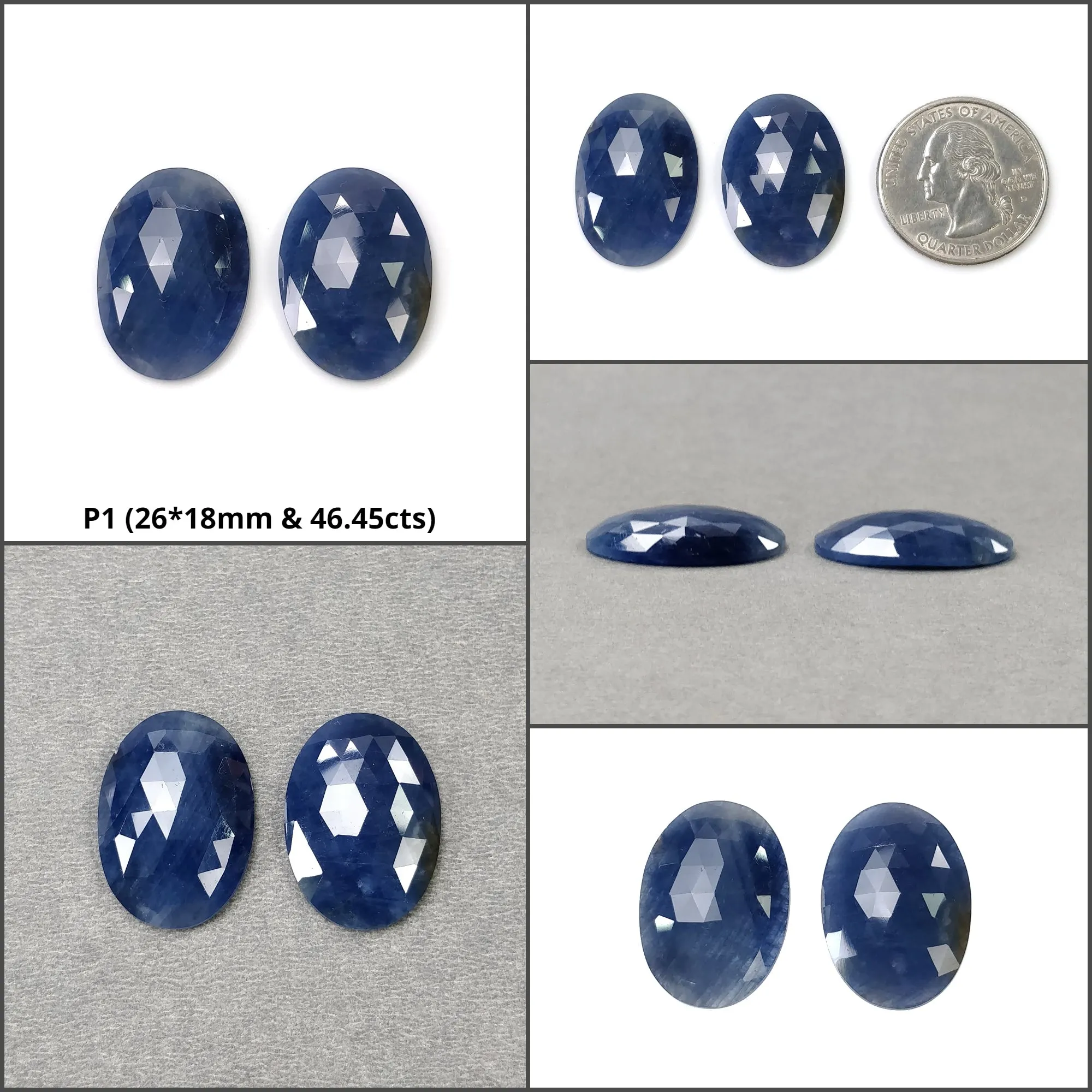 BLUE SAPPHIRE Gemstone Rose Cut : Natural Untreated Unheated Sapphire Oval Shape Pairs