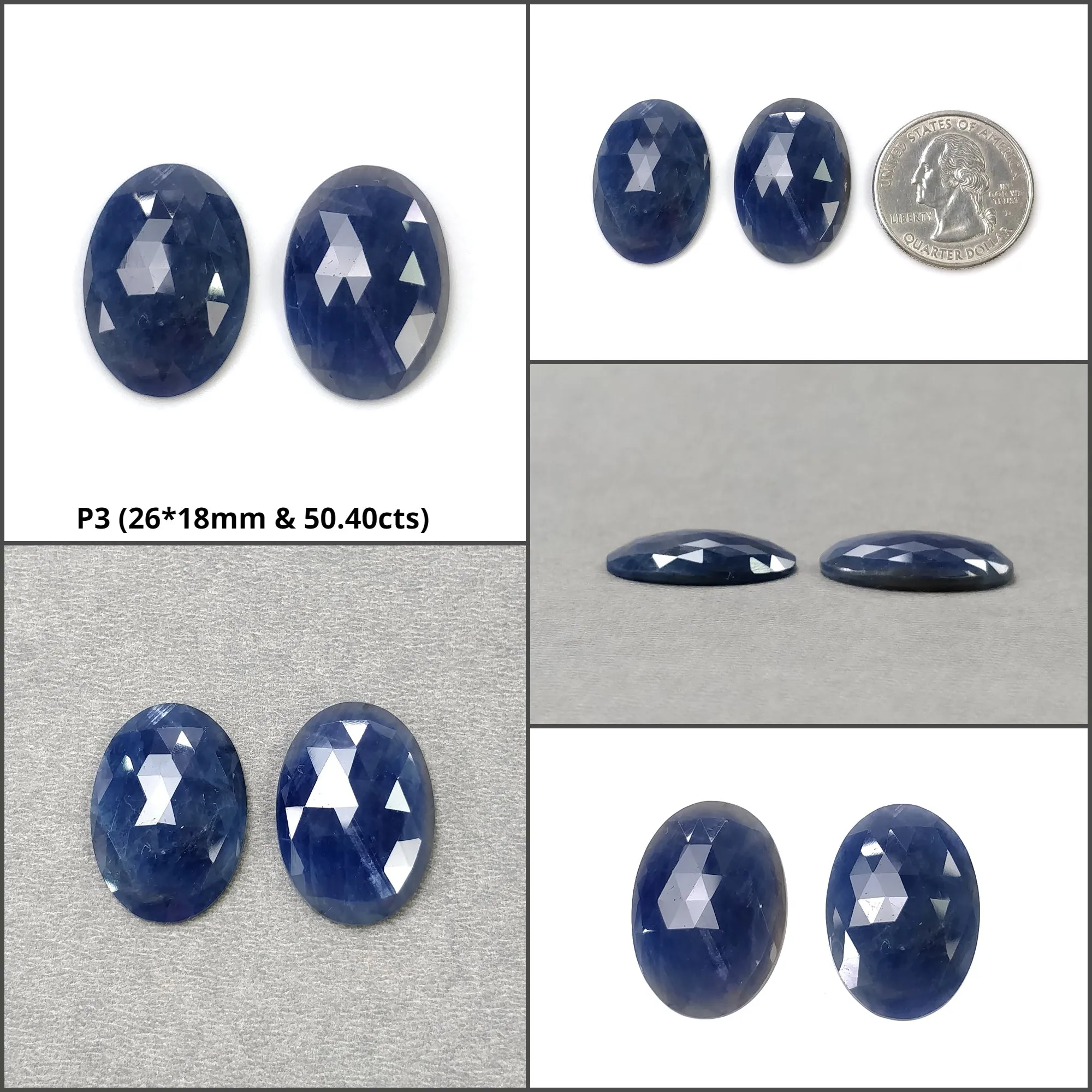 BLUE SAPPHIRE Gemstone Rose Cut : Natural Untreated Unheated Sapphire Oval Shape Pairs