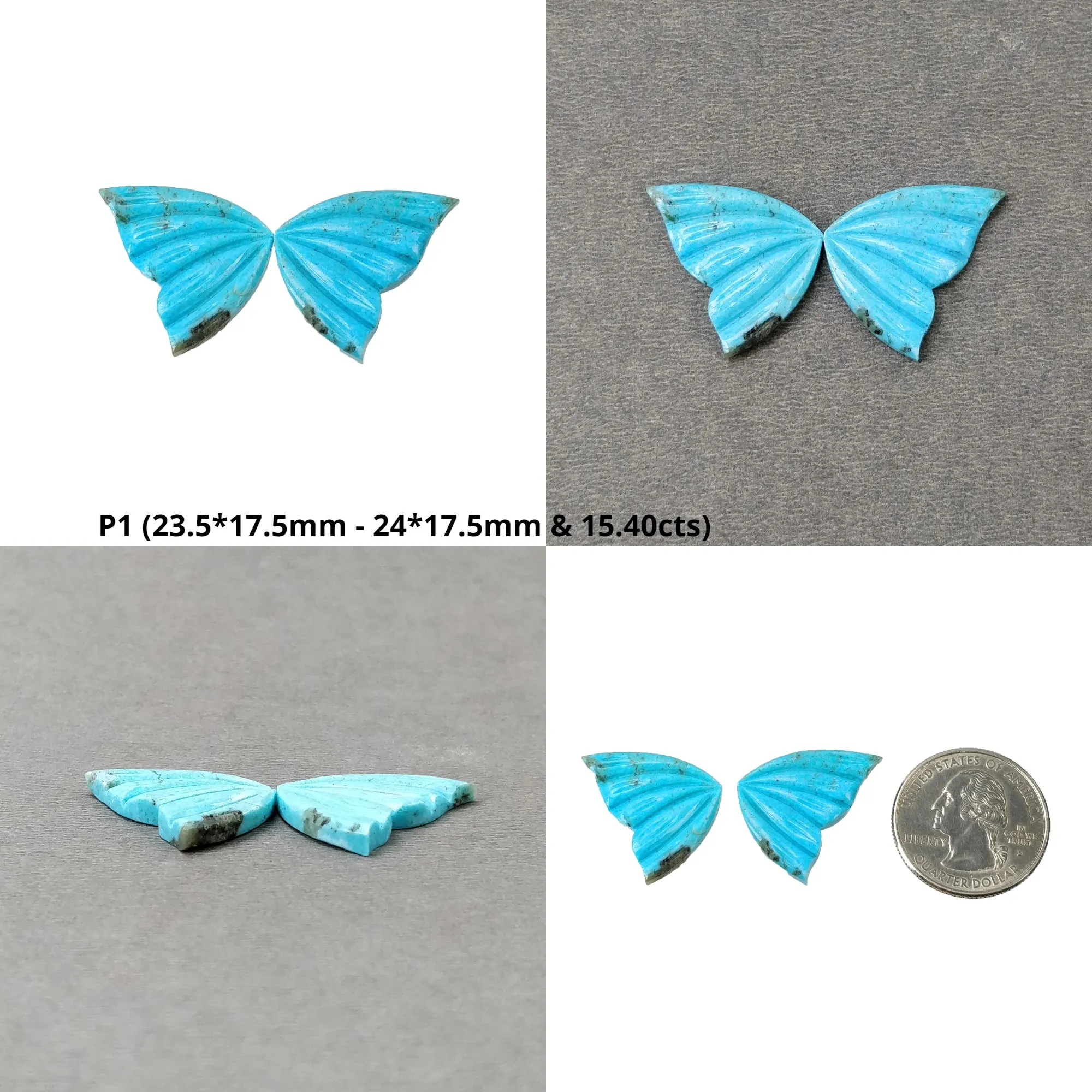 Blue TURQUOISE Gemstone Carving : Natural Untreated Unheated Arizona Turquoise Hand Carved Butterfly Pair