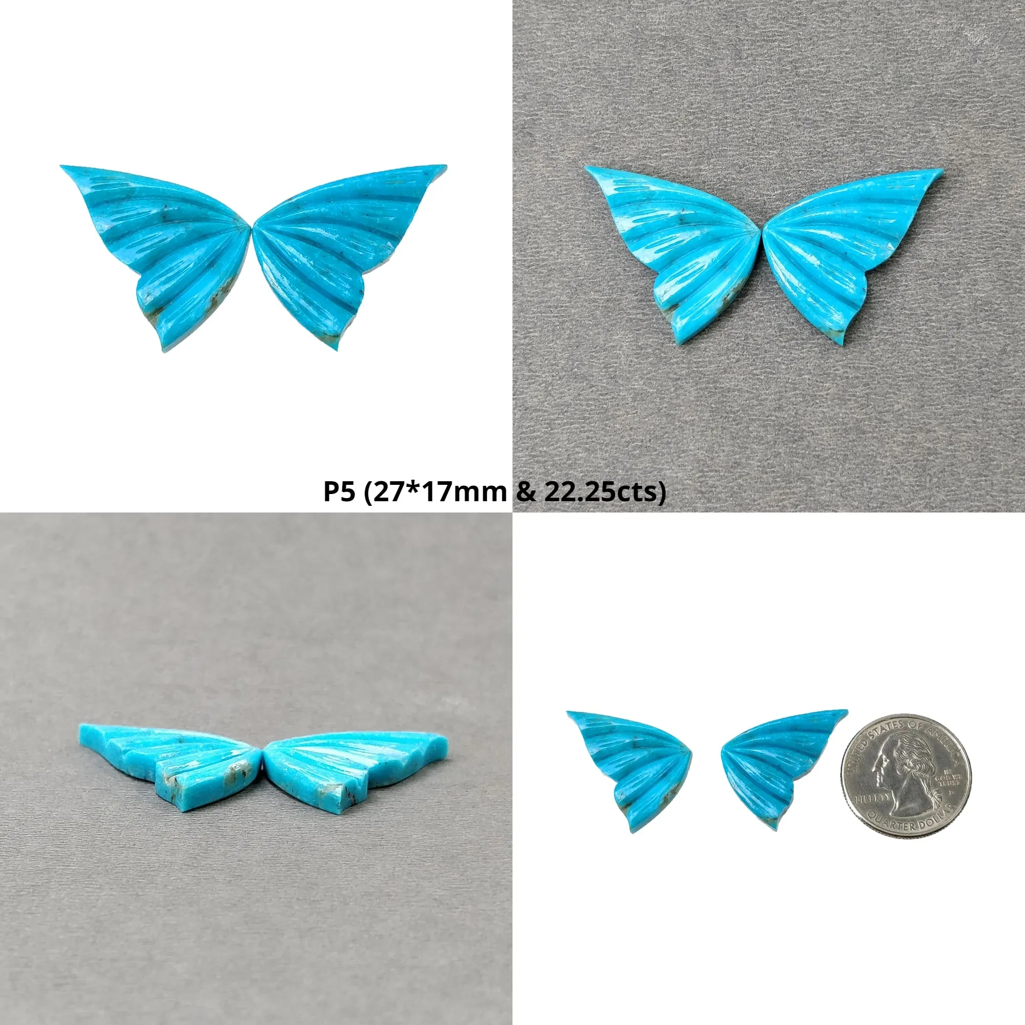 Blue TURQUOISE Gemstone Carving : Natural Untreated Unheated Arizona Turquoise Hand Carved Butterfly Pair