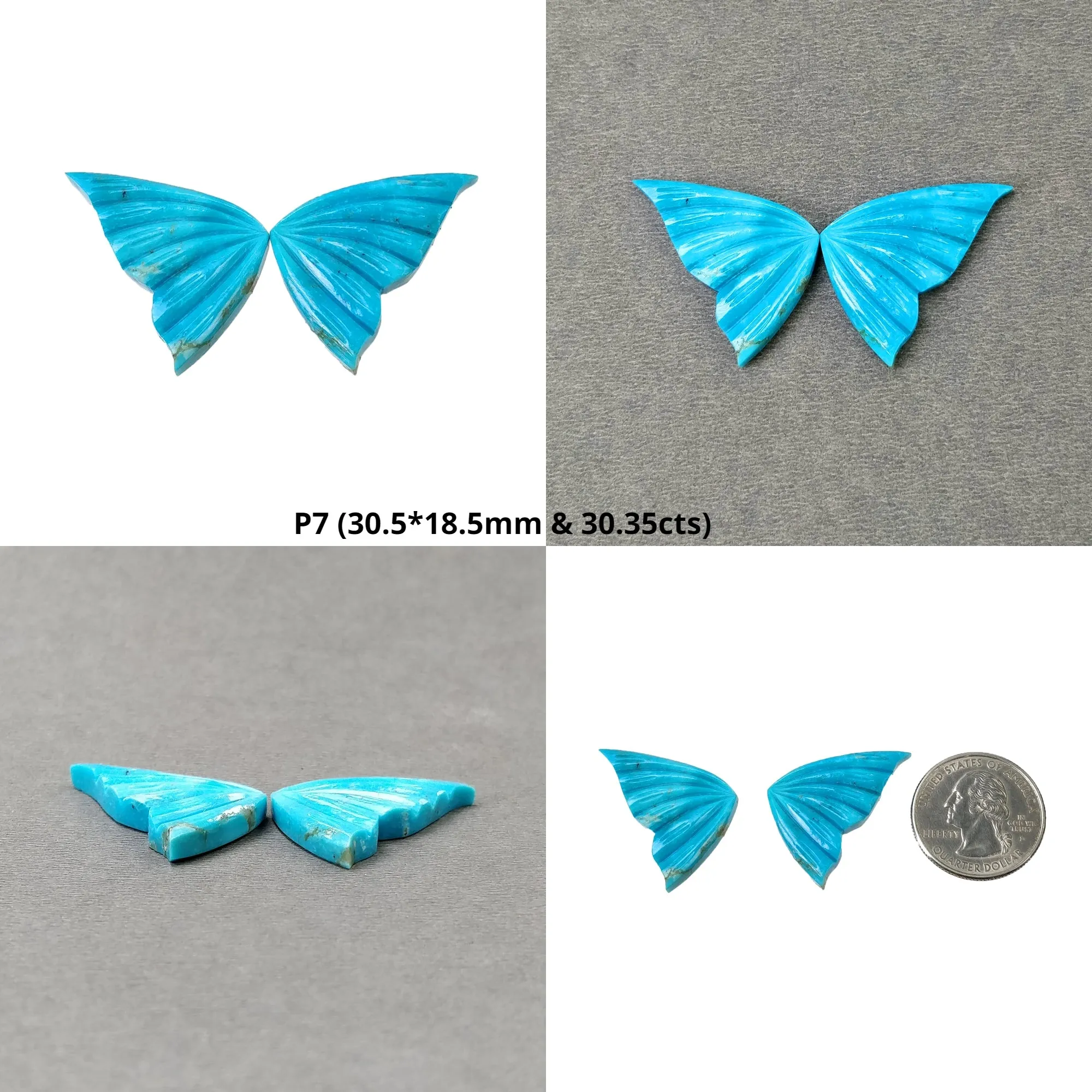 Blue TURQUOISE Gemstone Carving : Natural Untreated Unheated Arizona Turquoise Hand Carved Butterfly Pair