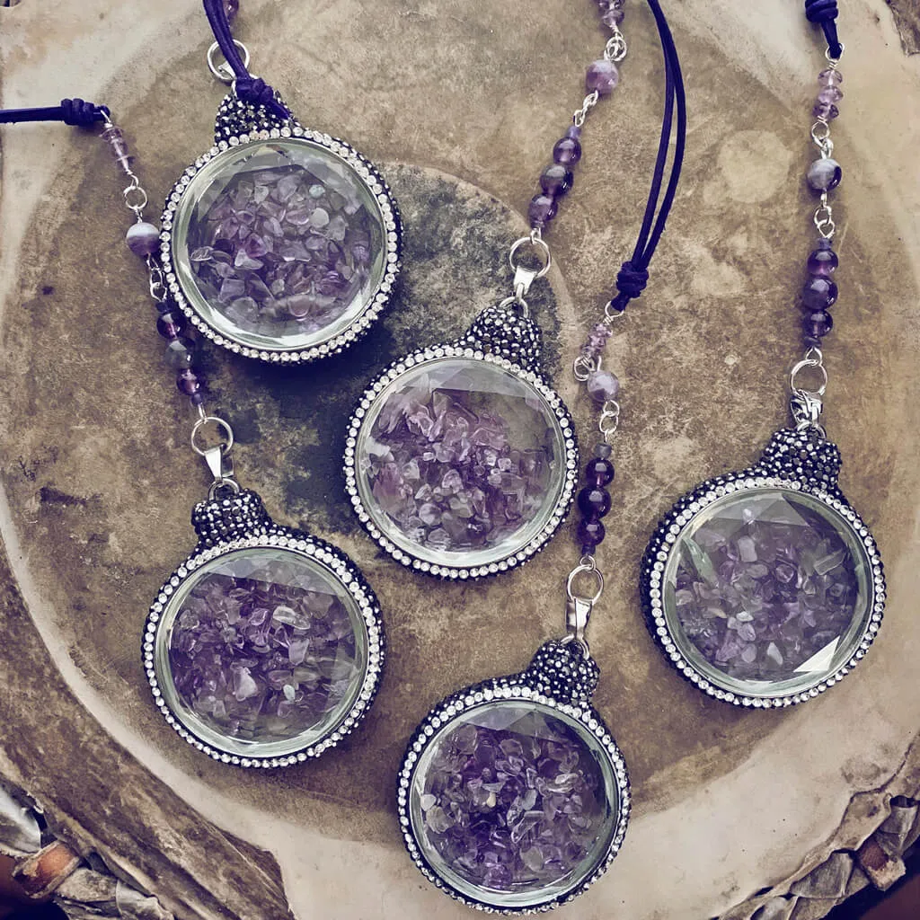 boho sun catcher window ornament - amethyst quartz glass pendant with rhinestone crystal pave border