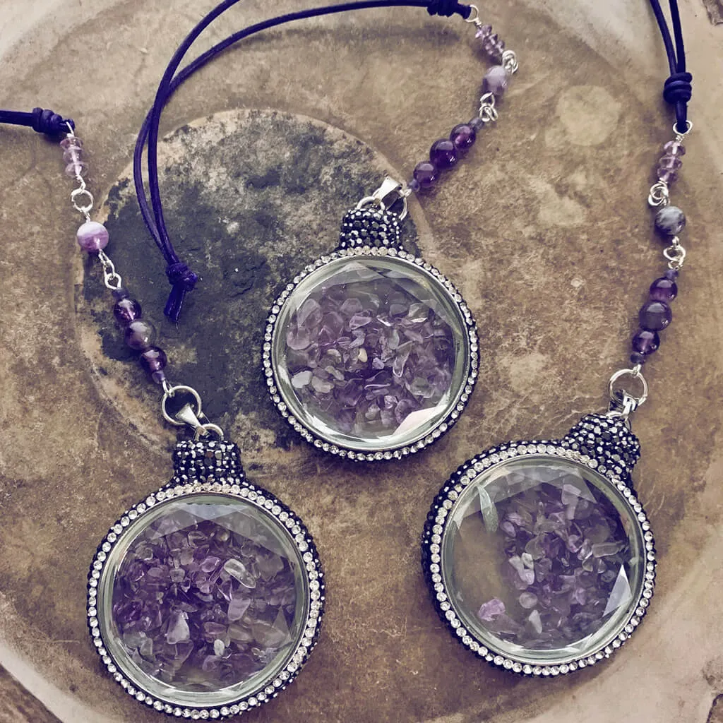 boho sun catcher window ornament - amethyst quartz glass pendant with rhinestone crystal pave border