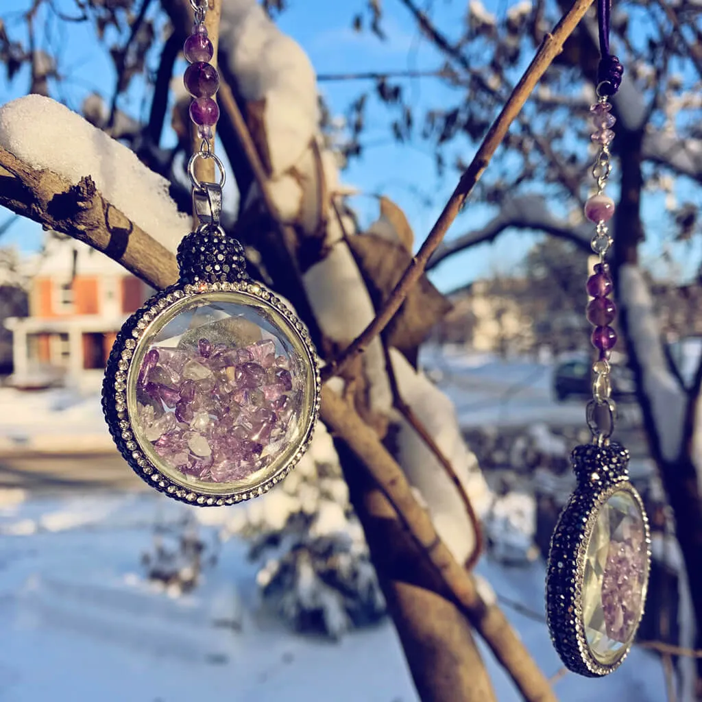 boho sun catcher window ornament - amethyst quartz glass pendant with rhinestone crystal pave border