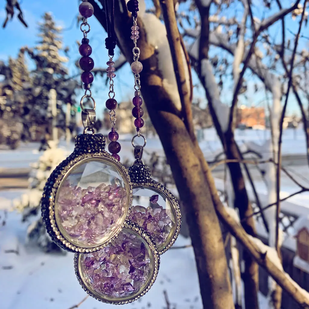 boho sun catcher window ornament - amethyst quartz glass pendant with rhinestone crystal pave border