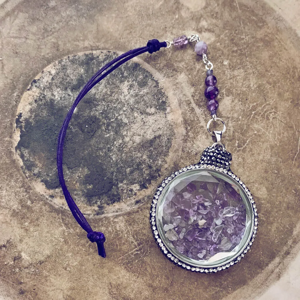 boho sun catcher window ornament - amethyst quartz glass pendant with rhinestone crystal pave border