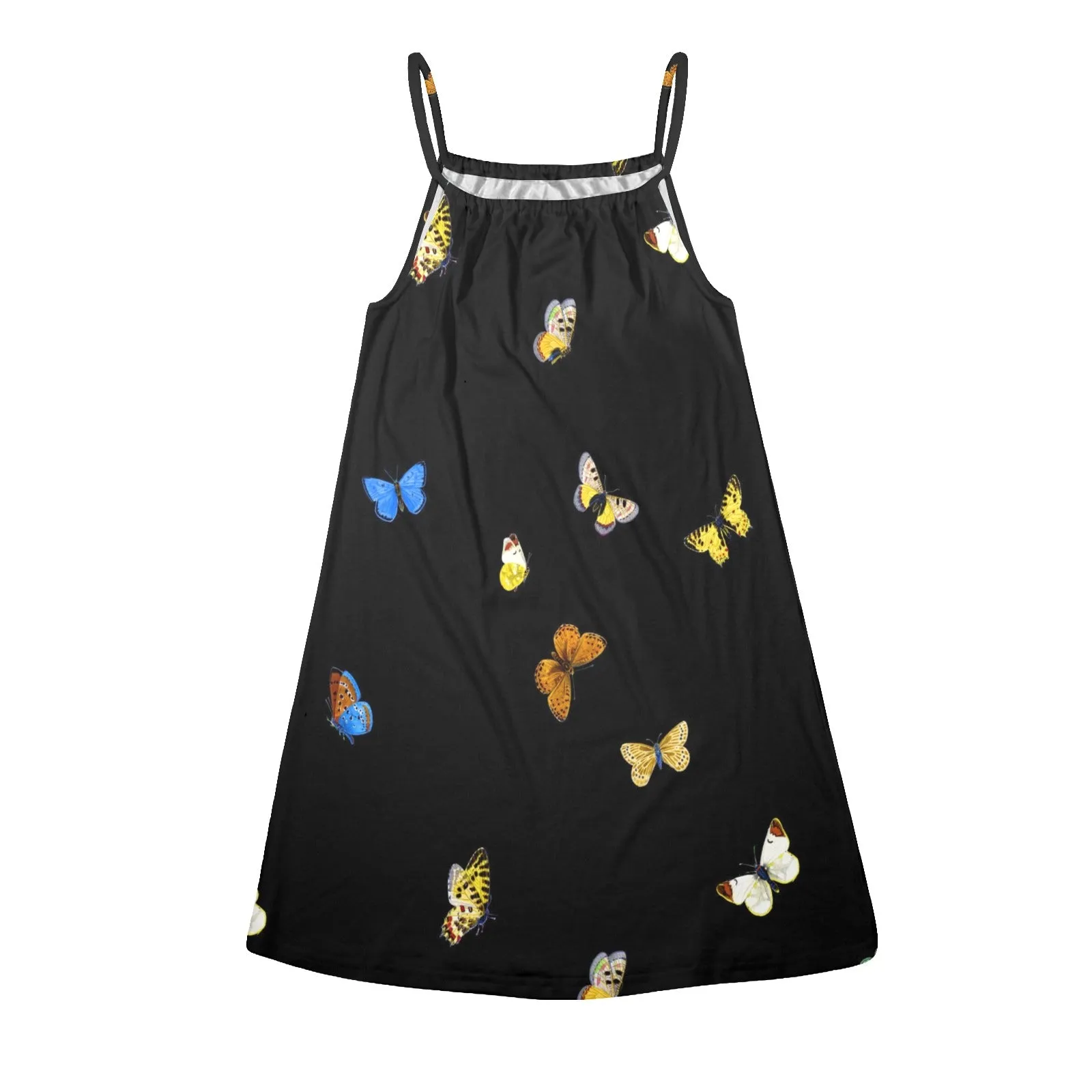 butterfly blue small print 3 Drawstring Neck Sleeveless Dress (Model D68)