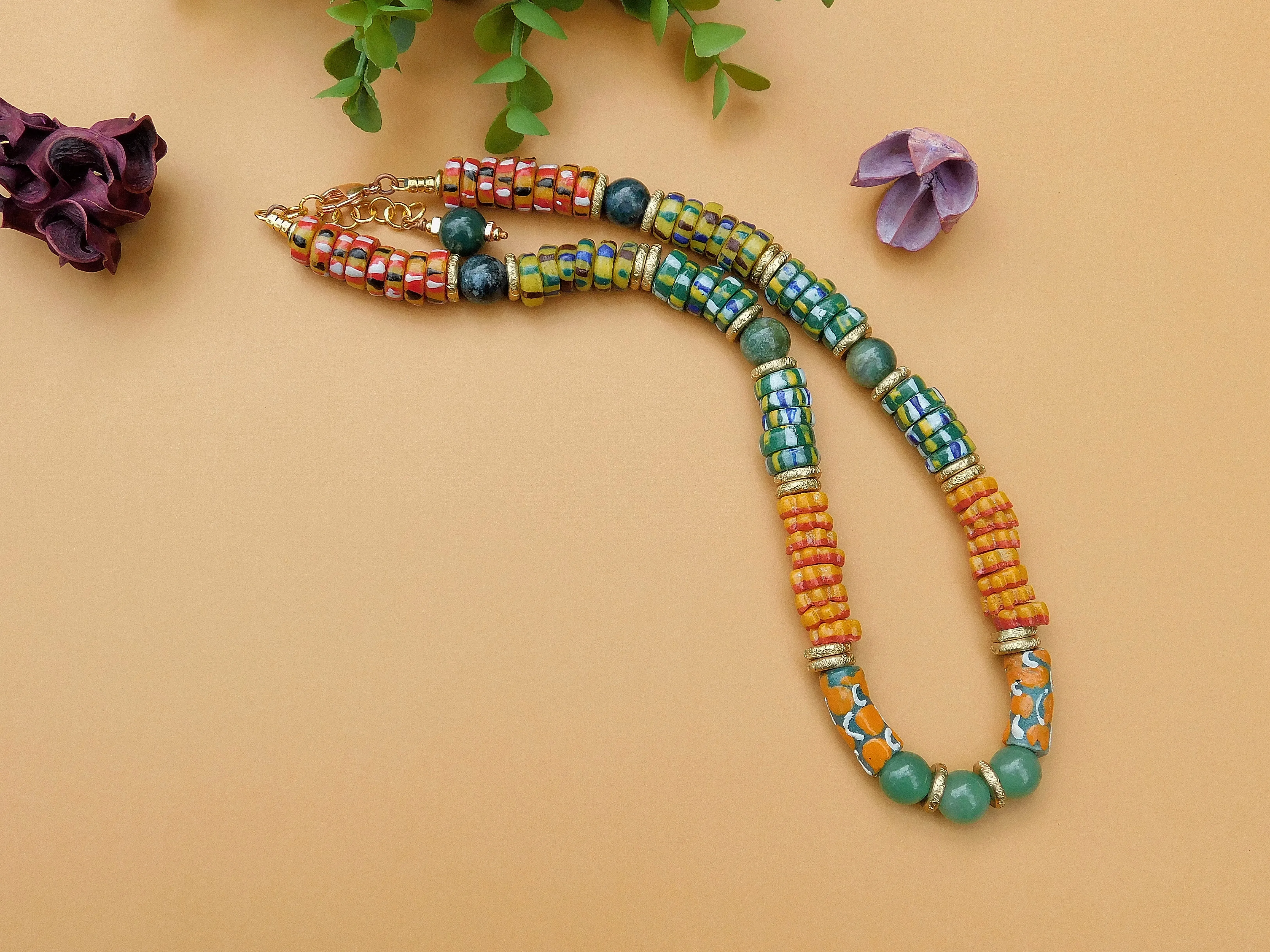 Chevron Style and Flower Krobo Necklace