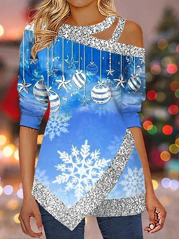 Christmas Snowflake Sparkle Women's Shirt with Cut-Out Asymmetric Long Sleeves