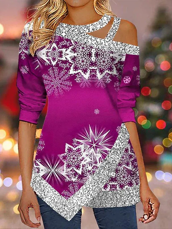 Christmas Snowflake Sparkle Women's Shirt with Cut-Out Asymmetric Long Sleeves