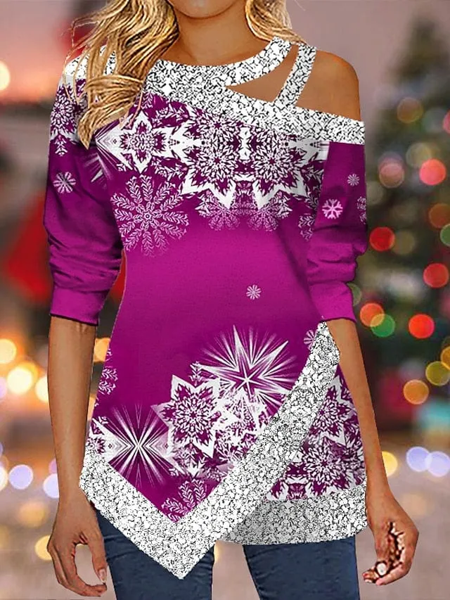 Christmas Snowflake Sparkle Women's Shirt with Cut-Out Asymmetric Long Sleeves