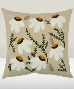 Cream flower handembroidered cotton cushion cover