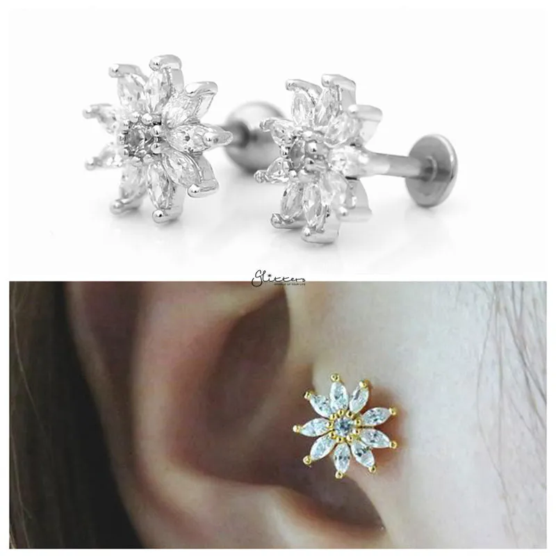 C.Z Pave Flower Cartilage Tragus Piercing Earring - Silver