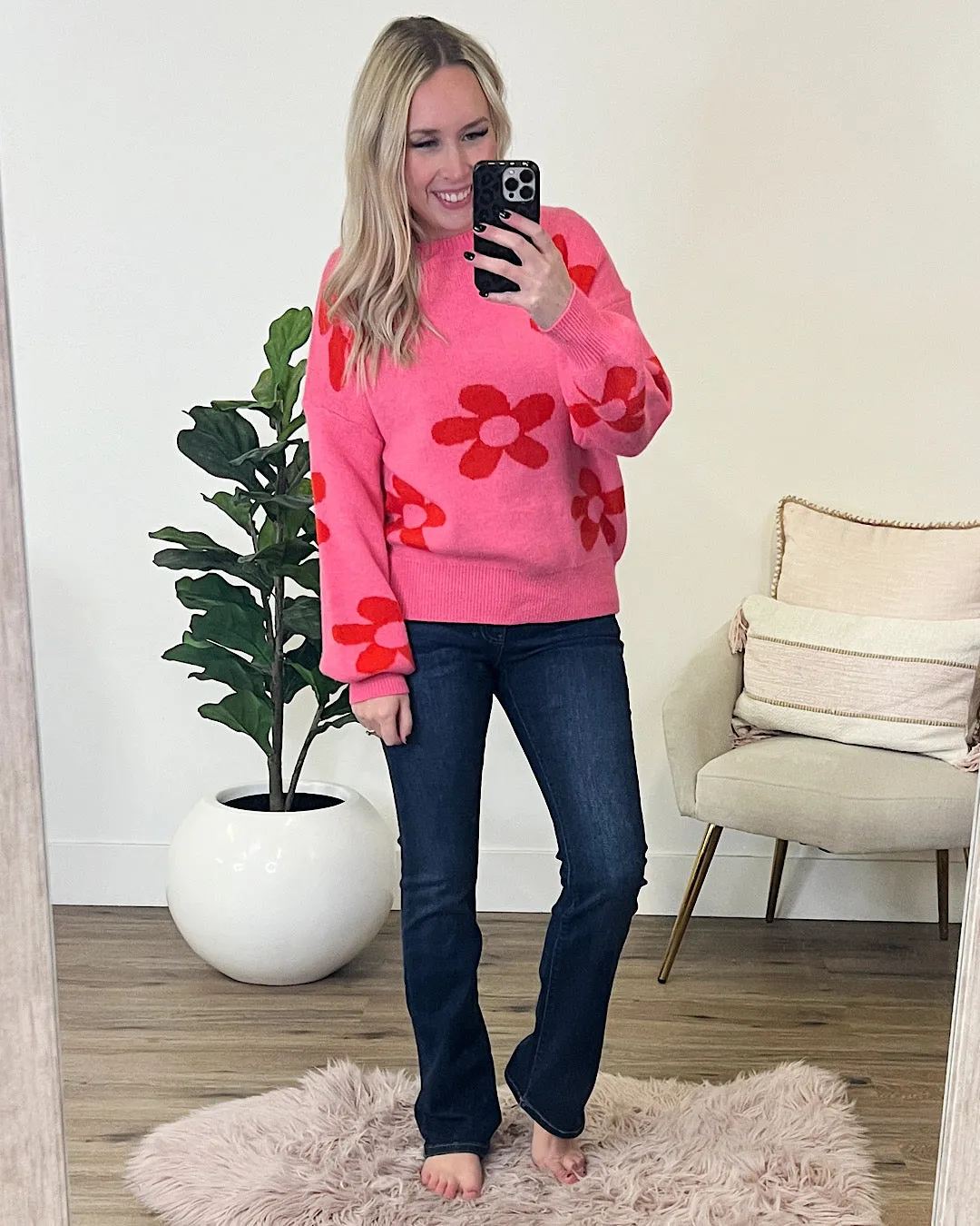 Della Pink and Red Flower Sweater