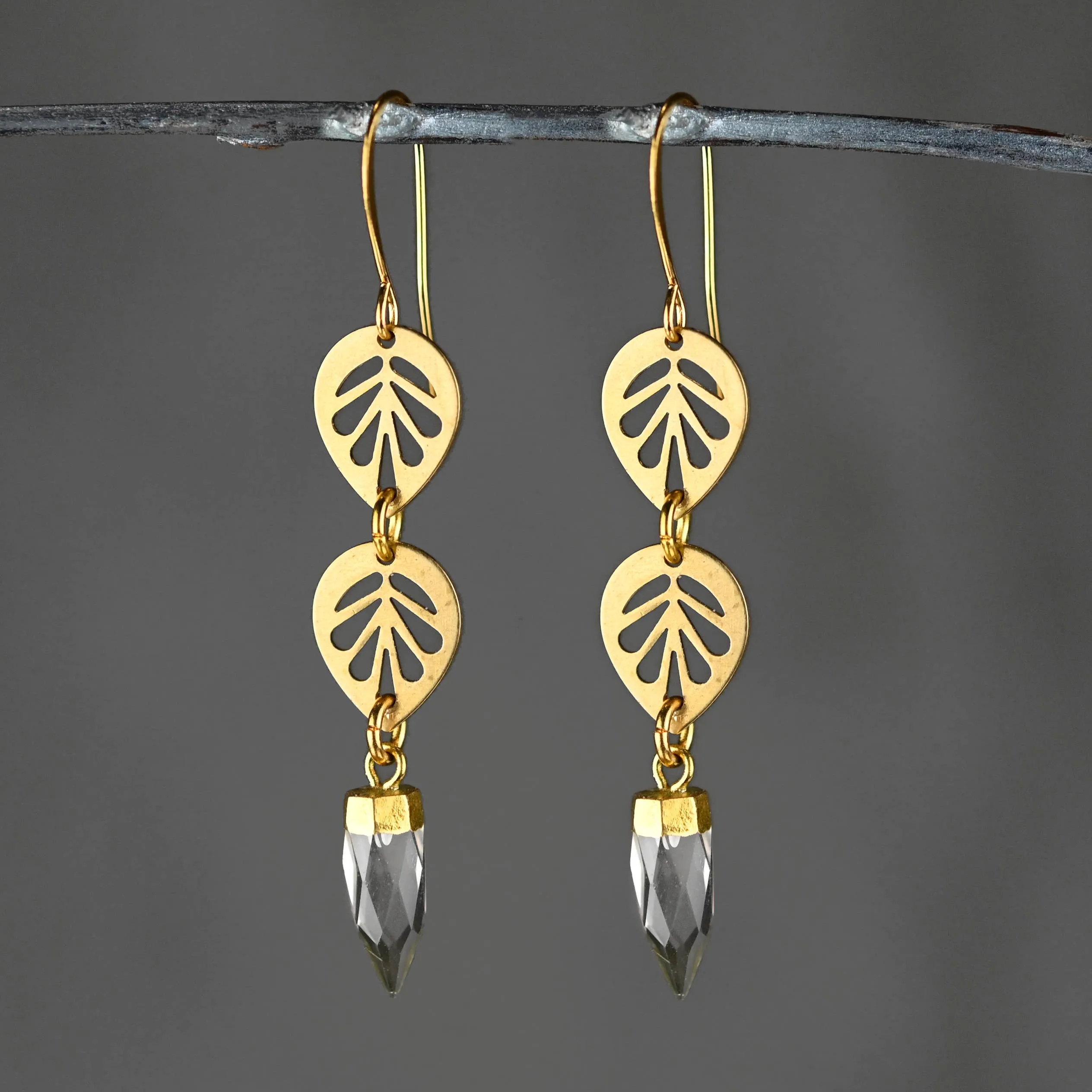 Double Leaf w/ Crystal Point Earrings