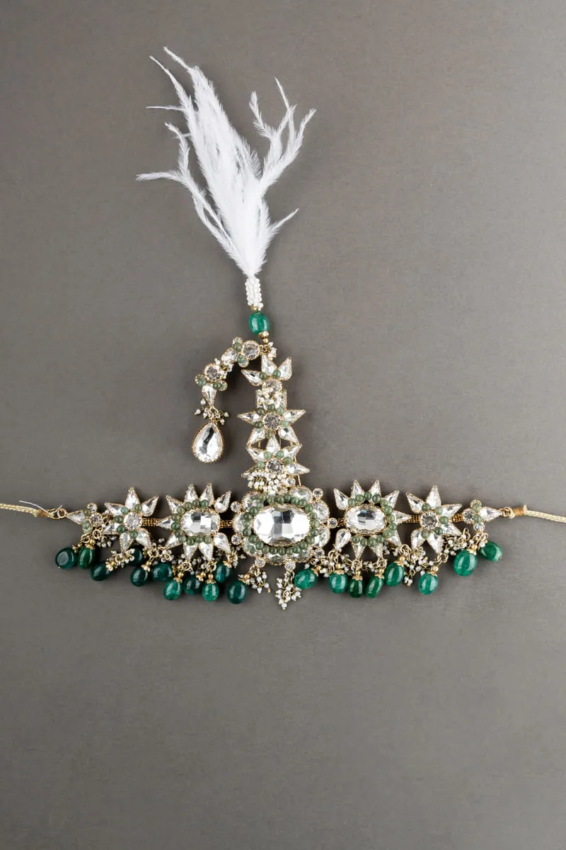 Elaborate Emerald Crystal Drop Sarpech