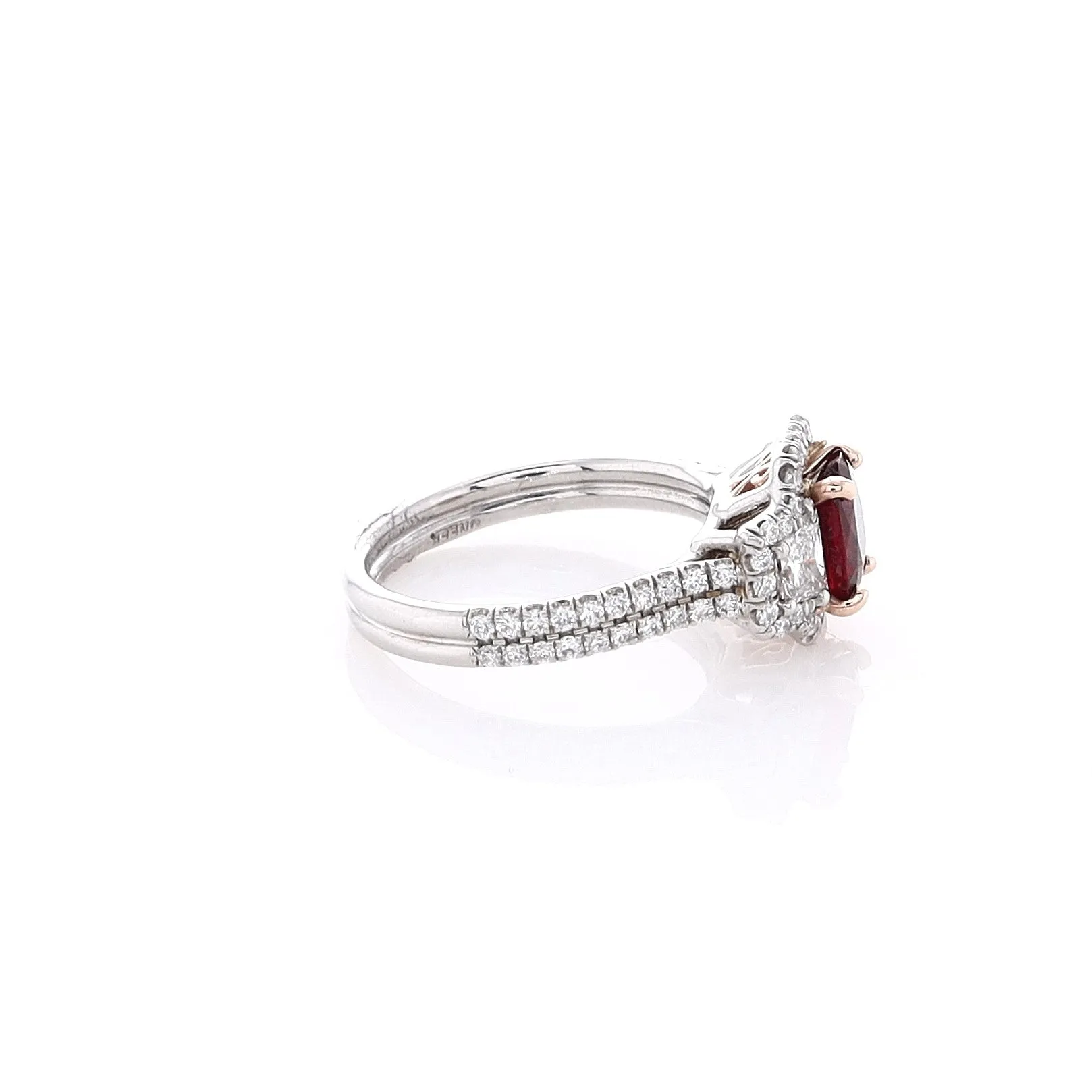 Estate 18k Rose Gold Platinum Cushion Ruby Halo and Double Shank Ring