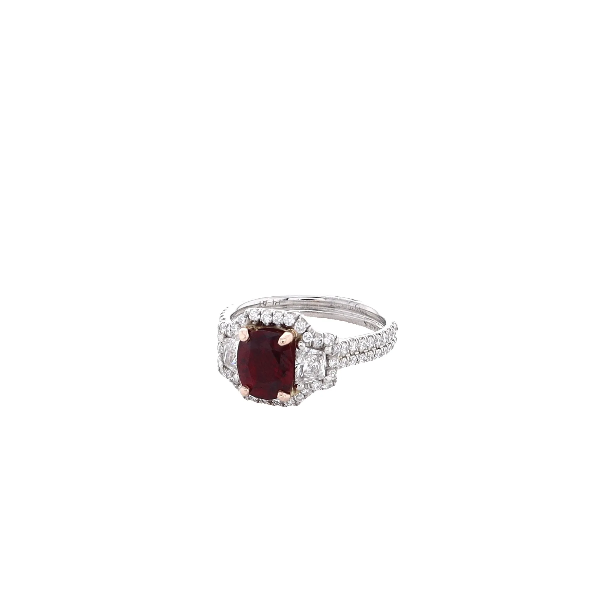 Estate 18k Rose Gold Platinum Cushion Ruby Halo and Double Shank Ring