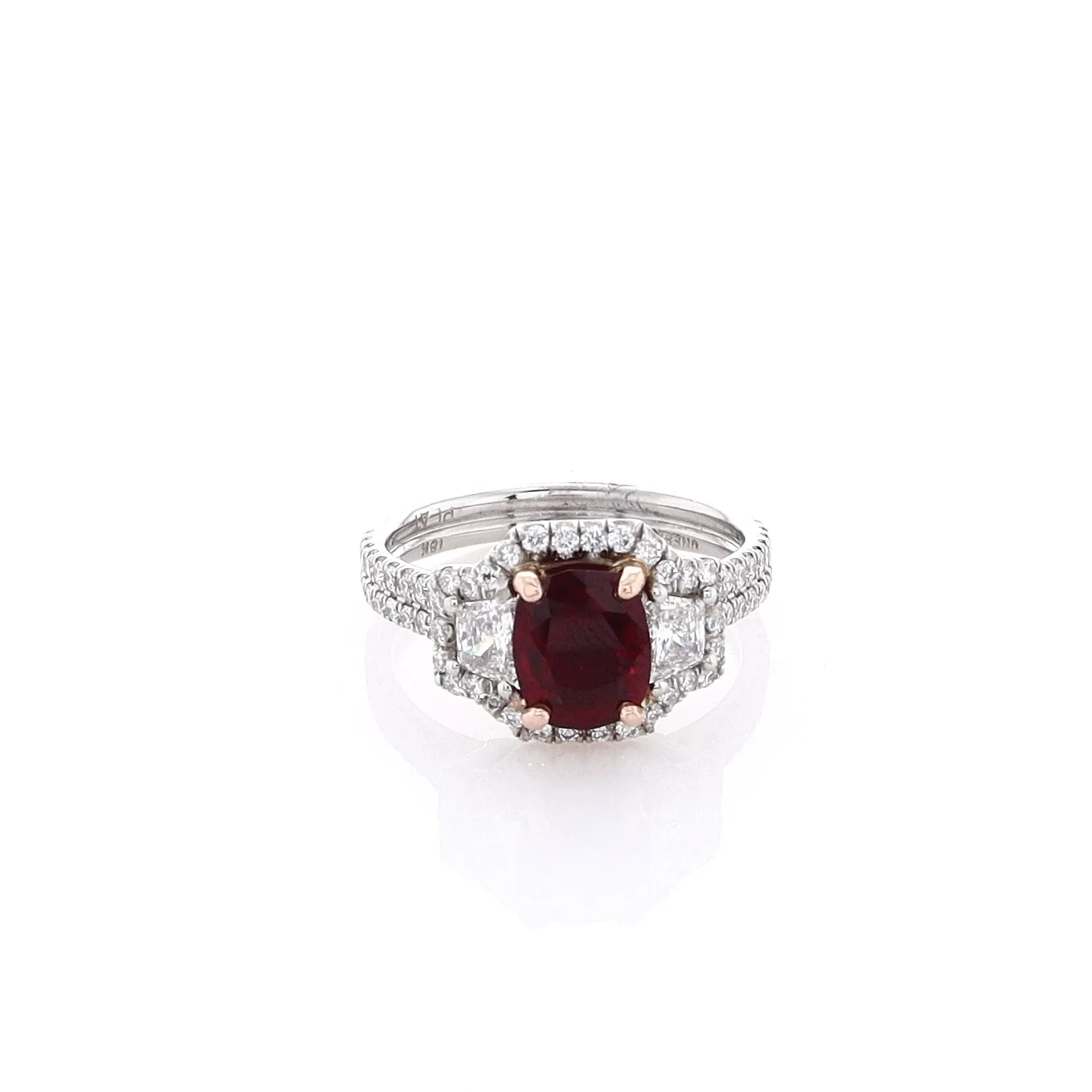 Estate 18k Rose Gold Platinum Cushion Ruby Halo and Double Shank Ring