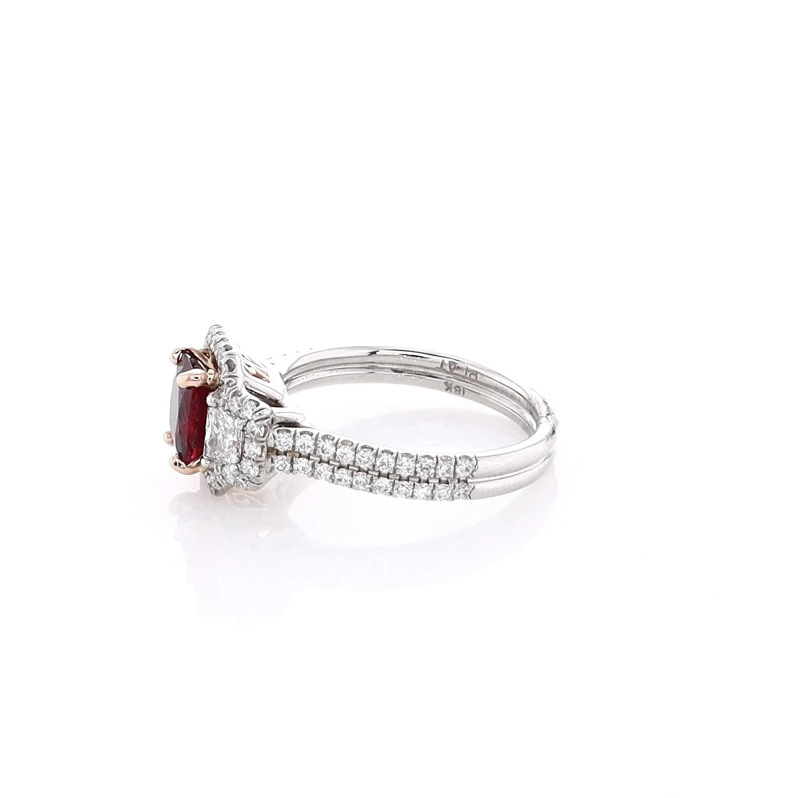 Estate 18k Rose Gold Platinum Cushion Ruby Halo and Double Shank Ring