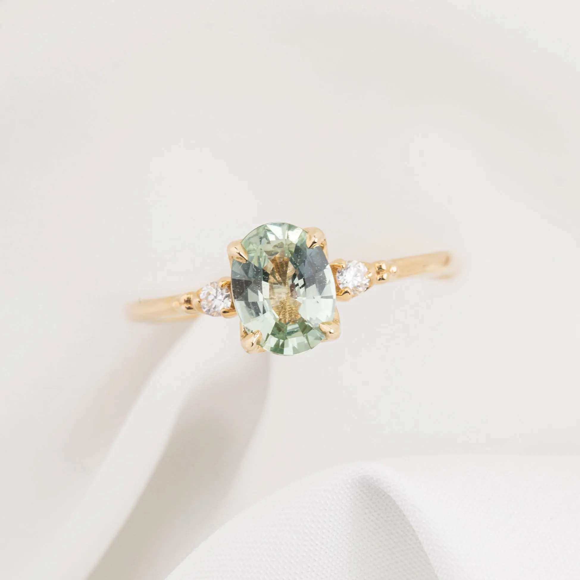 Estel Ring 1.1ct Light Green Unheated Sapphire, 14K Yellow Gold (One of a kind)