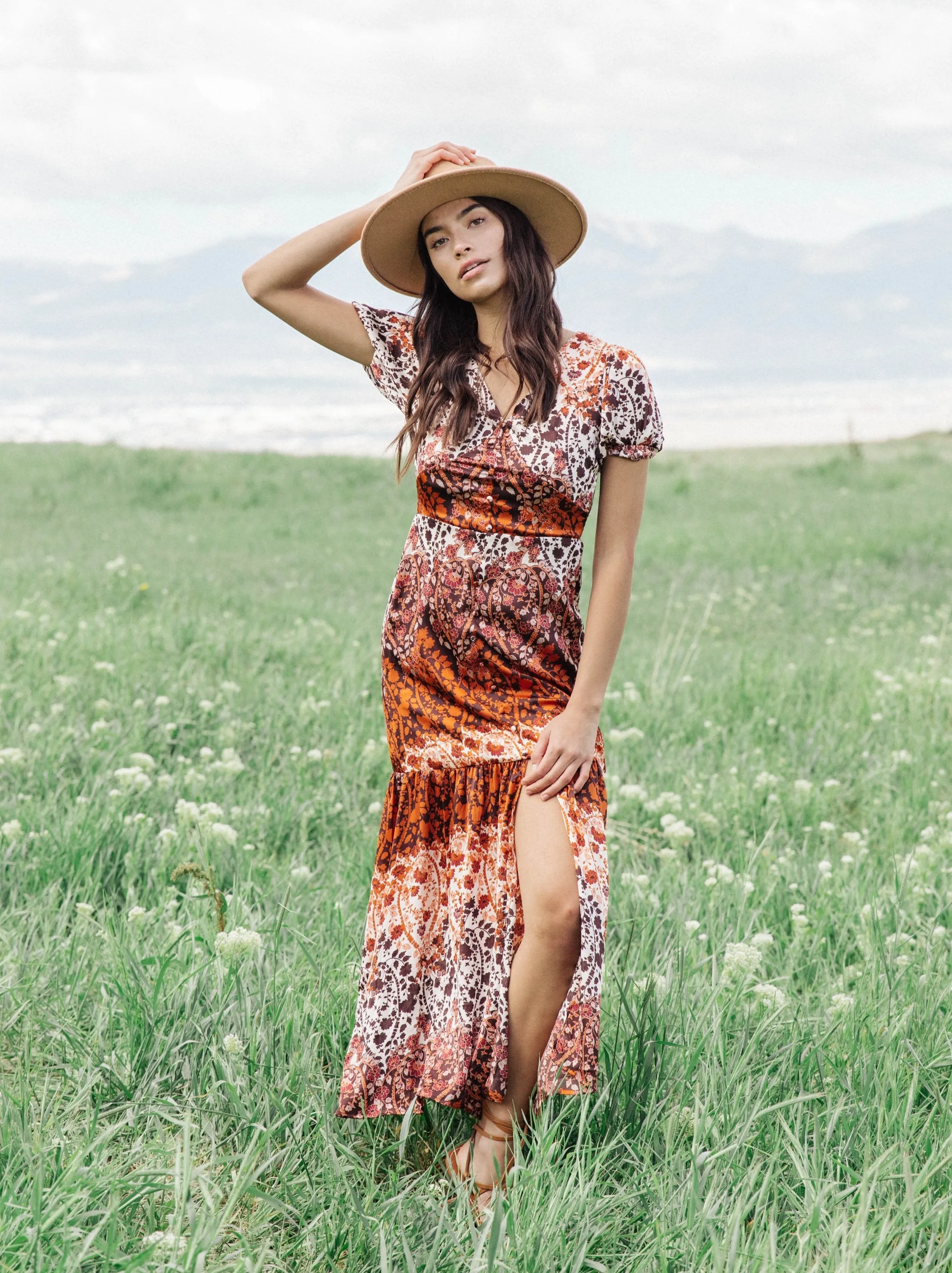 Floral Center Slit Boho Maxi Dress