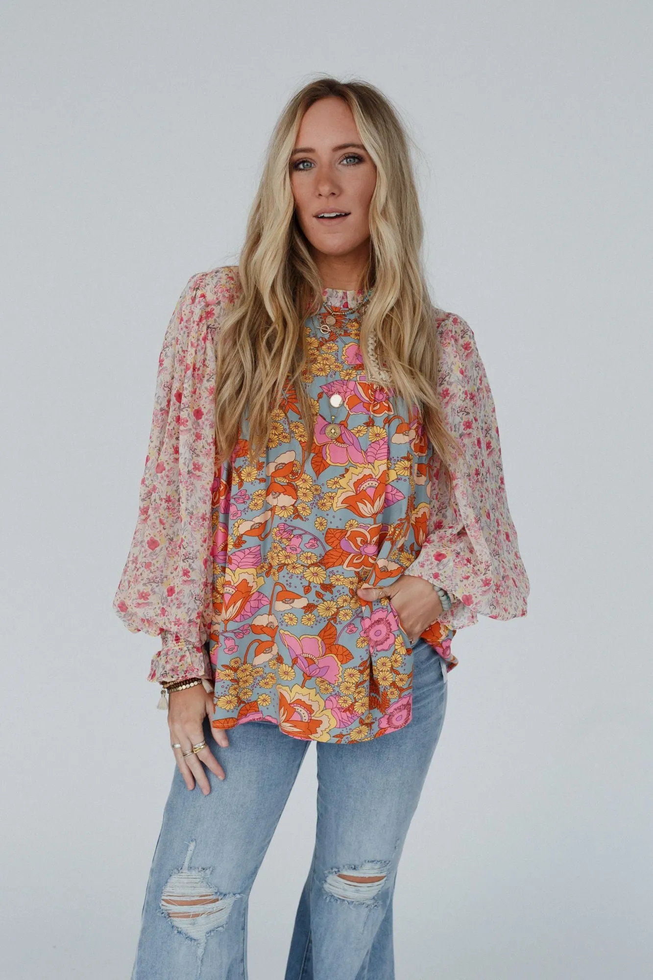 Flower Frenzy Bubble Sleeve Top - Sage Multi